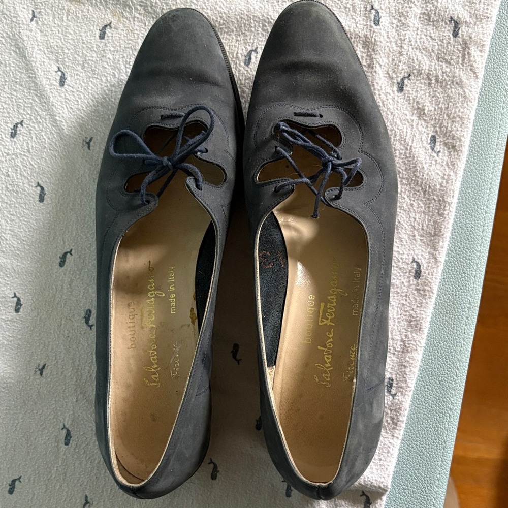 Salvatore Ferragamo Black Suede Lace-Up Flats